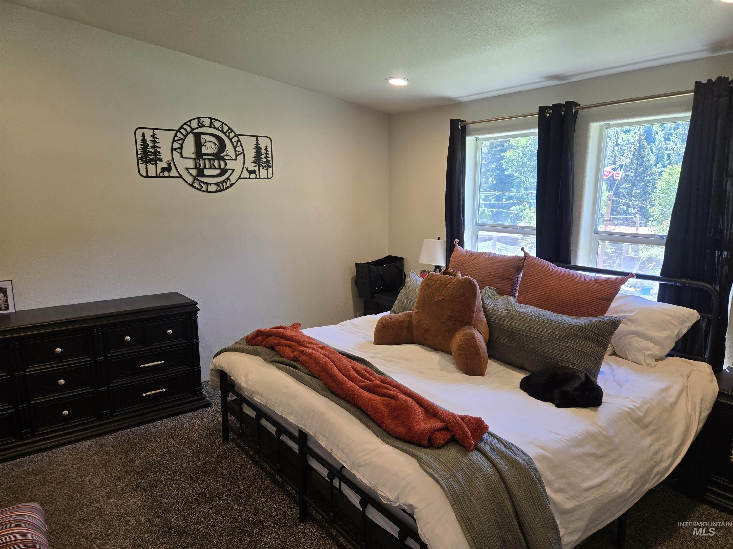 174 Konkolville Road Orofino, ID 83544 - Photo 16 of 43 Carpeted room featuring dual windows with dark curtains, recessed lighting, and a dark-toned dresser with silver hardware