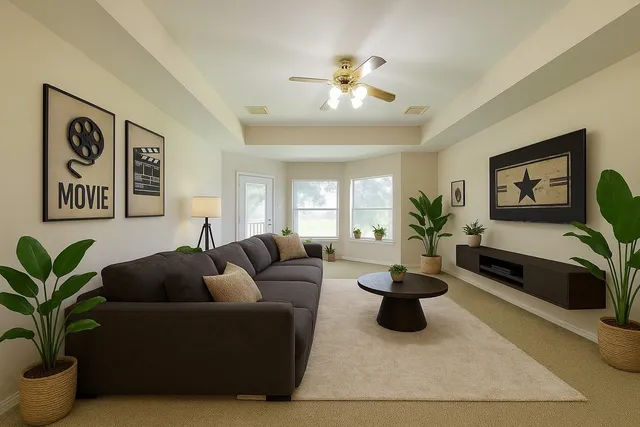a living room with furniture potted plant and window