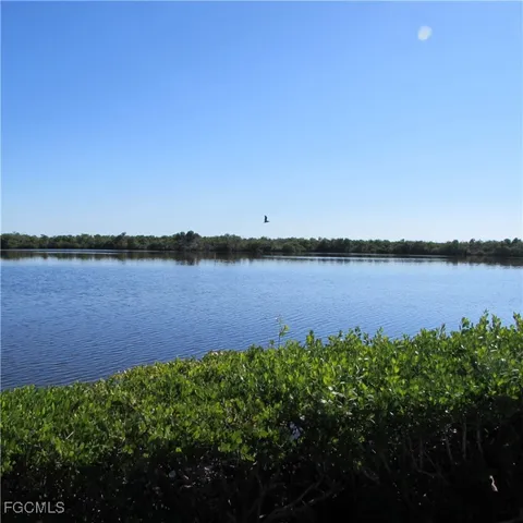 a view of a lake with houses in the back