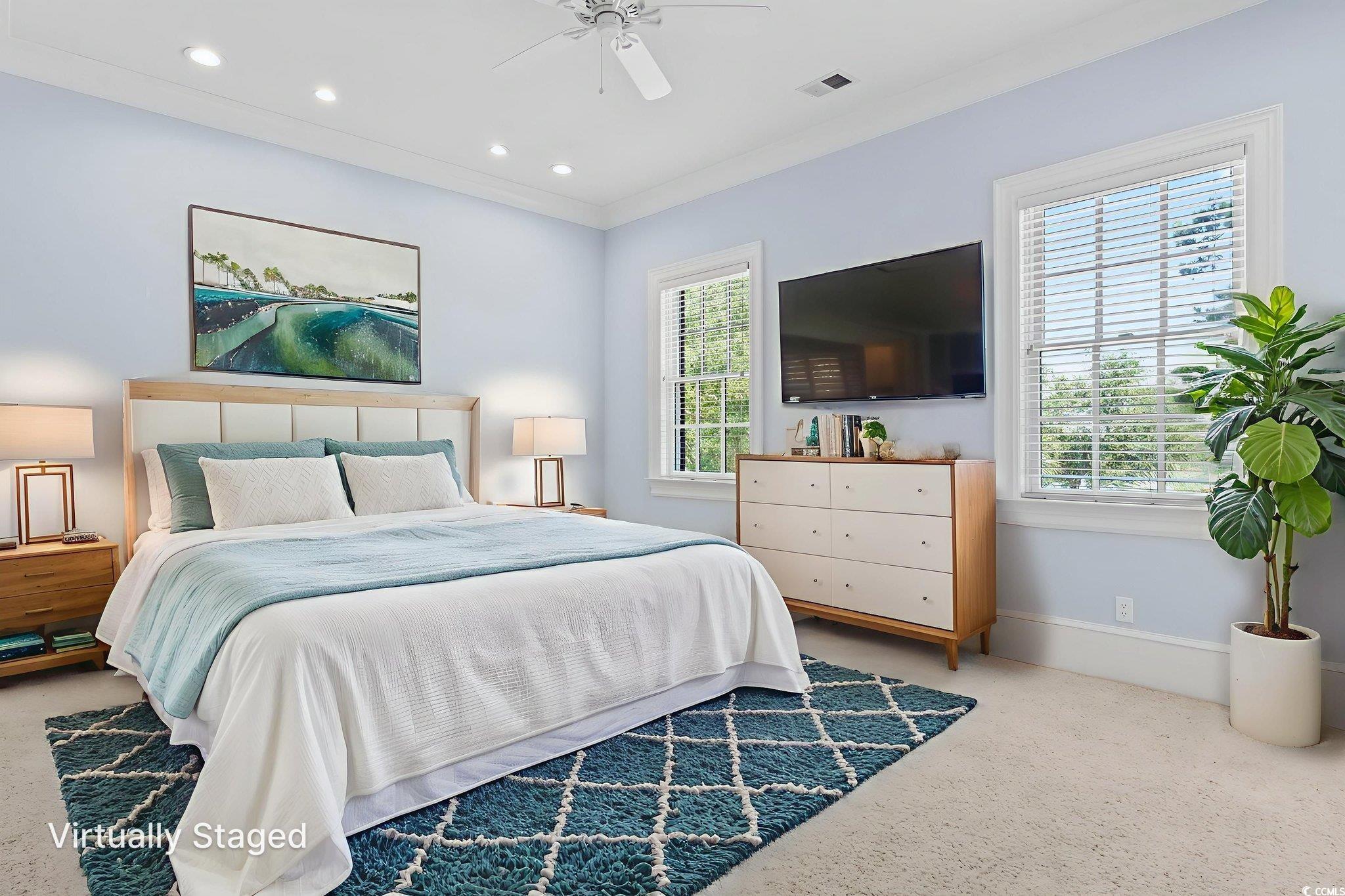 9318 Cove Drive Myrtle Beach, SC 29572 - Photo 27 of 40 Bedroom featuring carpet floors, a ceiling fan, recessed lighting, and ornamental molding