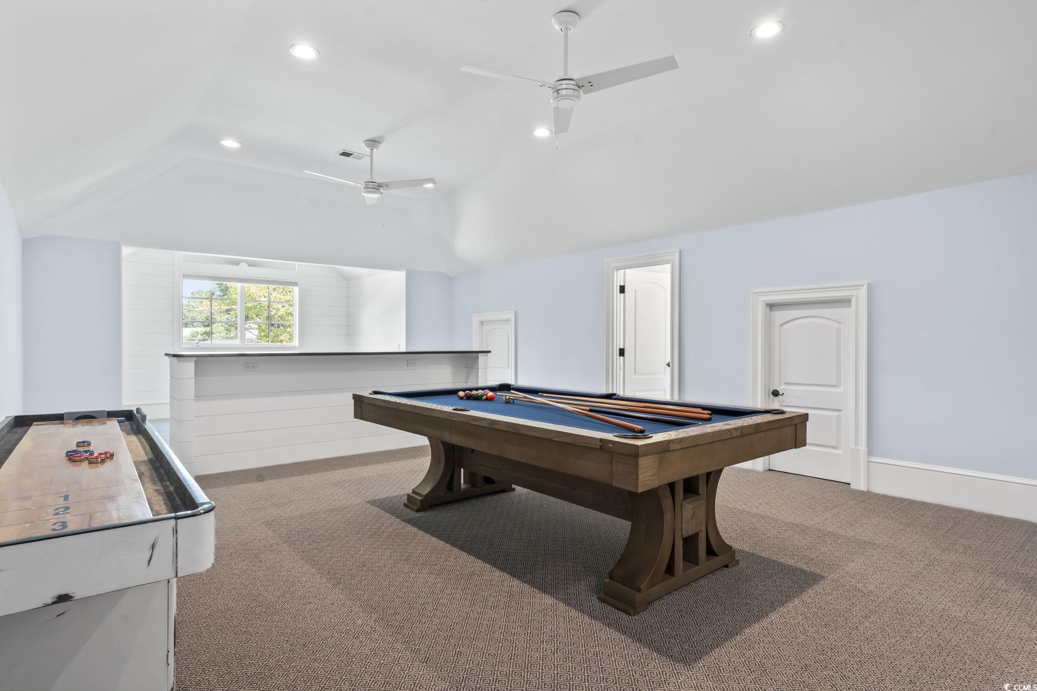 9318 Cove Drive Myrtle Beach, SC 29572 - Photo 31 of 40 Playroom featuring carpet, billiards, recessed lighting, a ceiling fan, and lofted ceiling