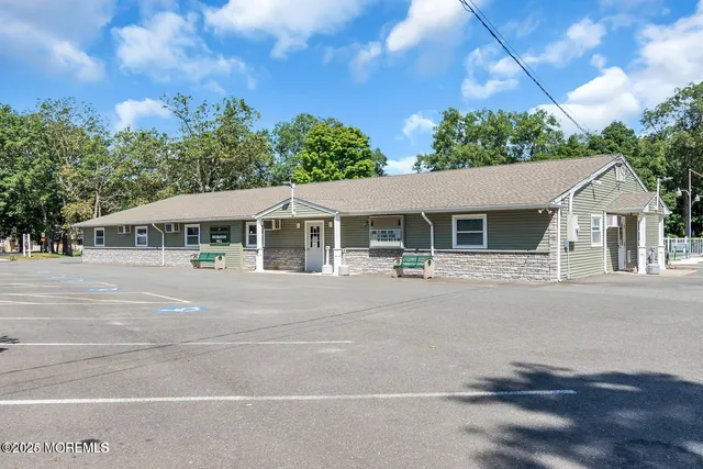 a front view of a house with yard and green space