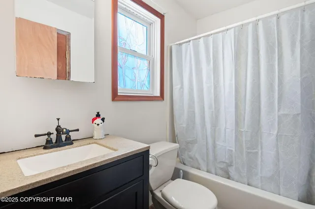 a bathroom with a sink a toilet and shower curtain