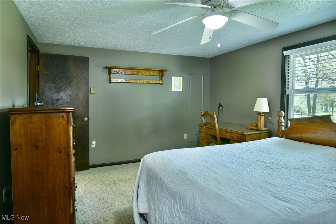 379 Housel Craft Road Bristolville, OH 44402 - Photo 25 of 50 Bedroom with carpet floors, a textured ceiling, and ceiling fan