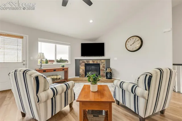 a view of living room with furniture and a fireplace