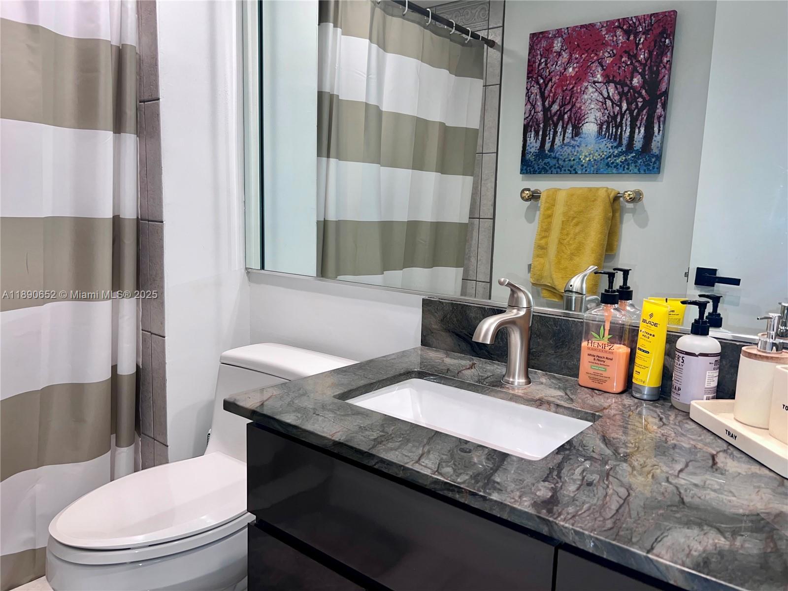 2851 Northeast 183rd Street, Unit 1017E Aventura, FL 33160 - Photo 30 of 46 a bathroom with a granite countertop sink mirror vanity and toilet