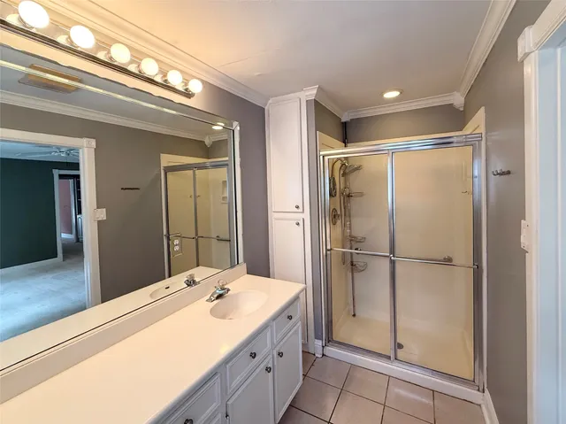 a bathroom with a granite countertop sink mirror and a shower