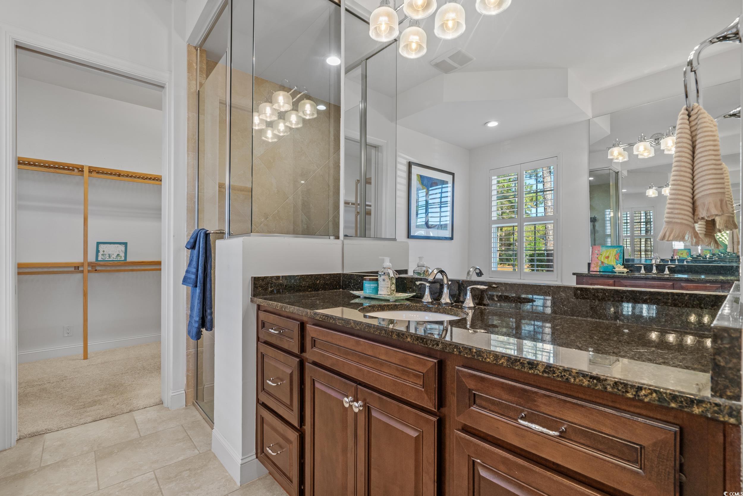496 Starlit Way Myrtle Beach, SC 29579 - Photo 27 of 40 Full bath with vanity, light tile patterned floors, a stall shower, and recessed lighting