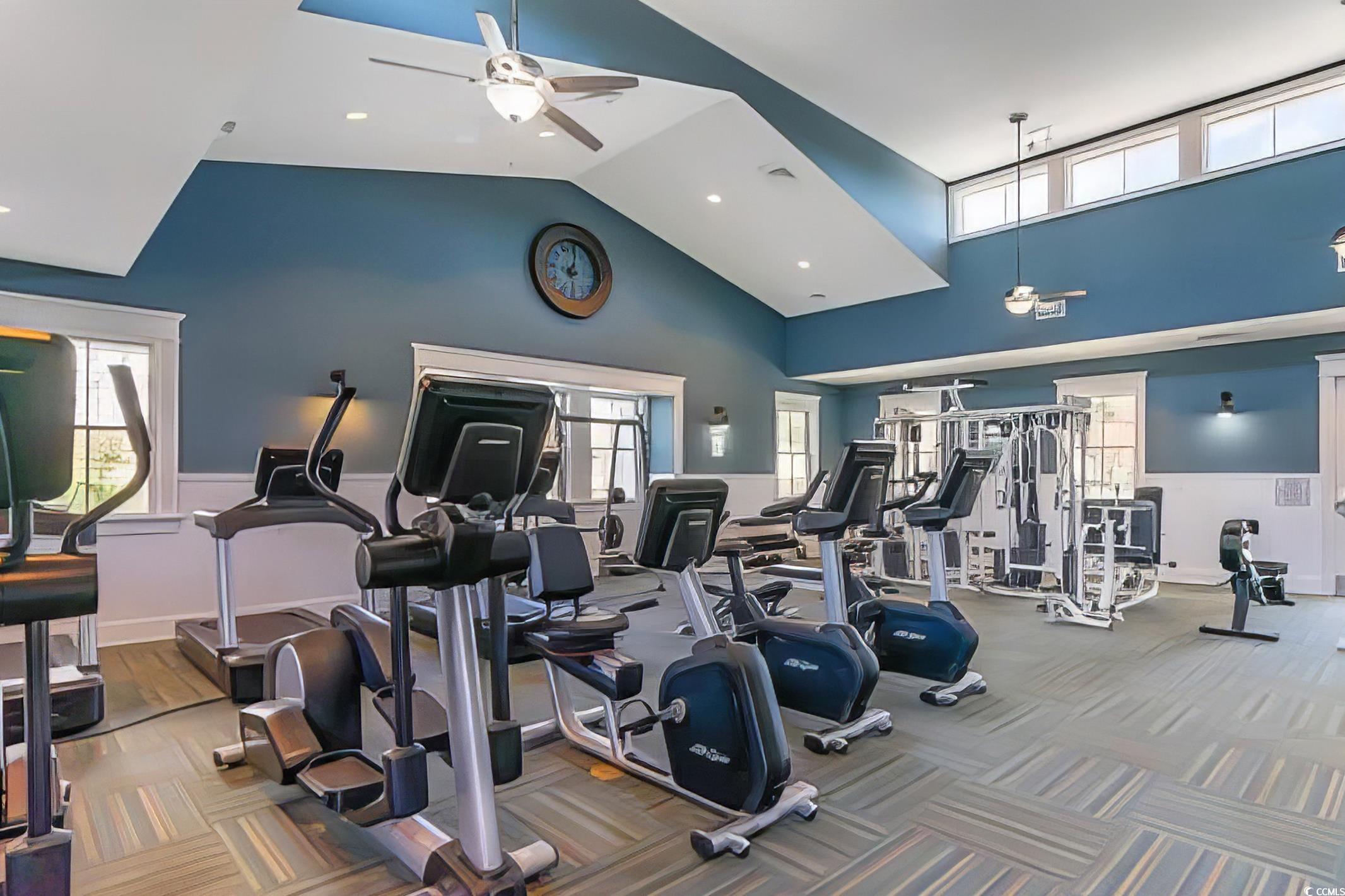 496 Starlit Way Myrtle Beach, SC 29579 - Photo 39 of 40 Exercise room with high vaulted ceiling, a ceiling fan, and recessed lighting