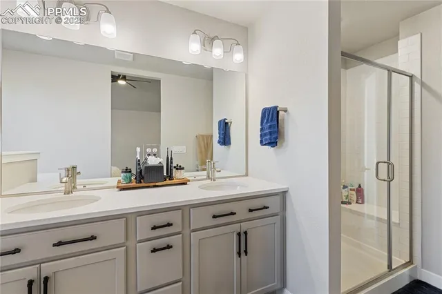 a bathroom with a double vanity sink mirror and shower