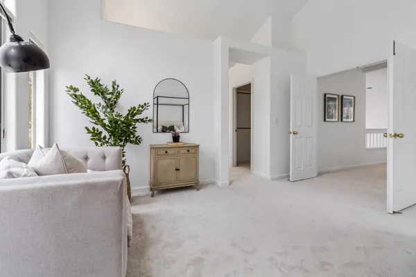 a living room with furniture and potted plants