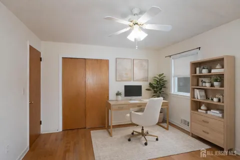 a workspace with a chandelier