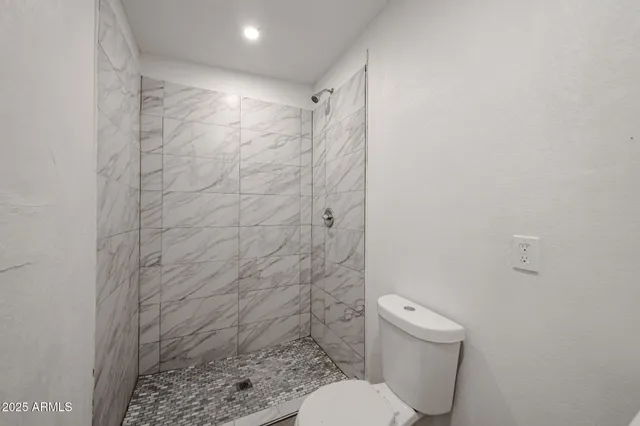 a white toilet sitting next to a shower