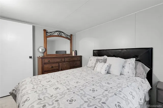 a bedroom with a bed and a closet