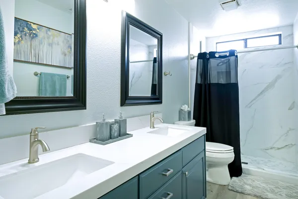 a bathroom with a double vanity sink toilet and mirror