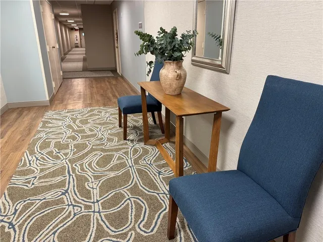 a living room with furniture and a rug