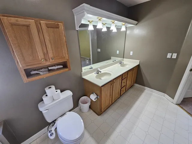 a bathroom with a sink a toilet a mirror and shower