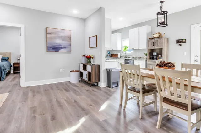 a view of a dining room with furniture and wooden floor