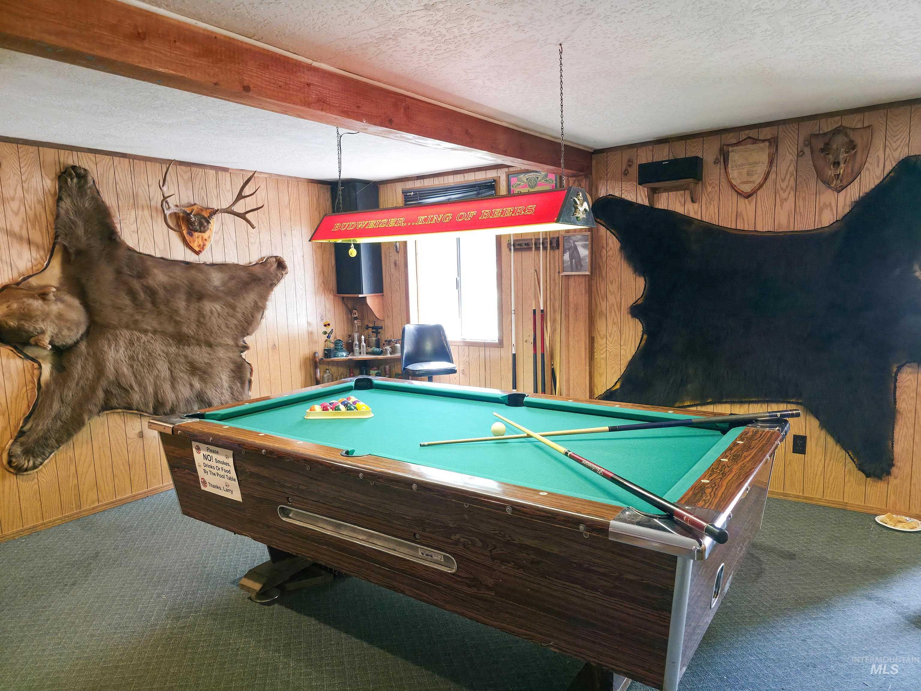 4482 Council Cuprum Road Council, ID 83612 - Photo 26 of 45 Rec room featuring wooden walls, carpet, a textured ceiling, beamed ceiling, and billiards