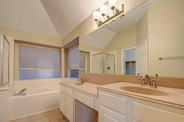 a bathroom with a tub sink and mirror