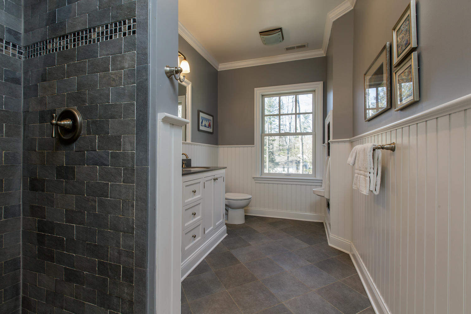 81 Parish Road New Canaan, CT 06840 - Photo 30 of 48 a bathroom with a granite countertop sink a toilet and shower