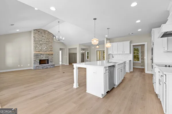 a view of a lake with houses in back