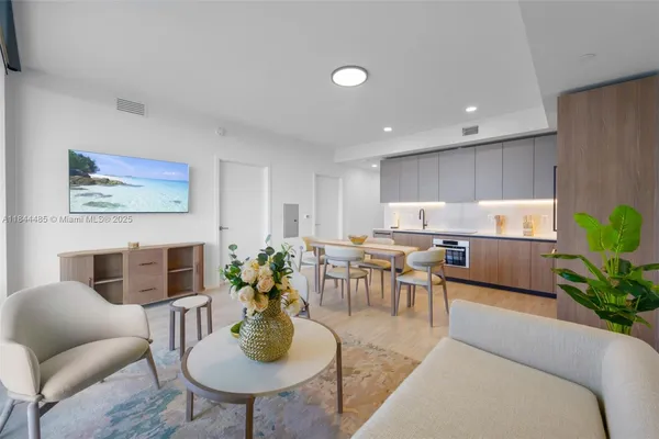 a living room with furniture kitchen view and a potted plant