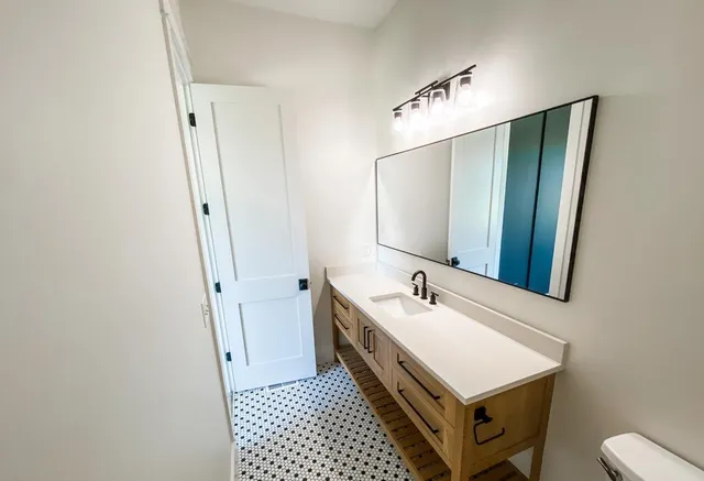 a bathroom with a sink a mirror and a toilet