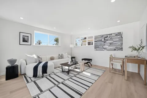 a living room with furniture and a potted plant