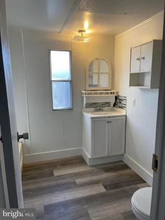 a bathroom with a sink a toilet and mirror