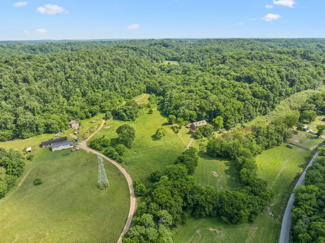 an aerial view of residential houses with outdoor space and trees