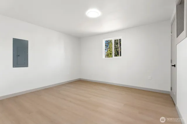 a view of a yard with plants and trees