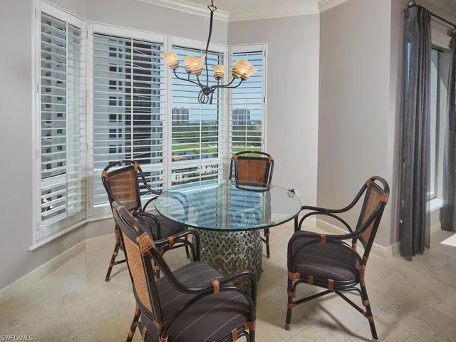 a view of a dining room with furniture and window