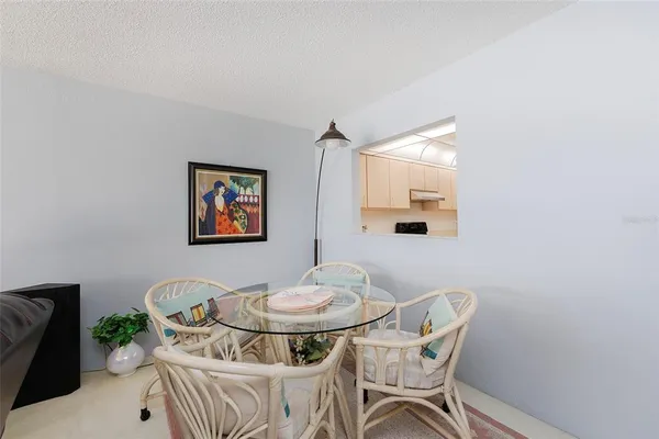 a view of a dining room with furniture