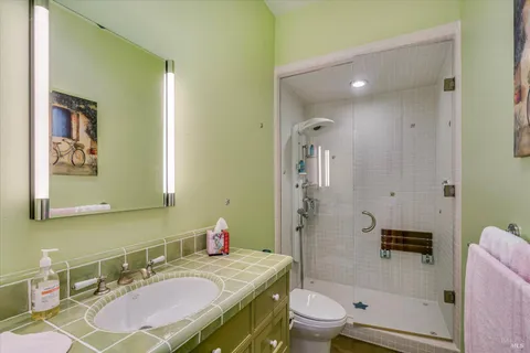 a bathroom with a granite countertop sink toilet and shower