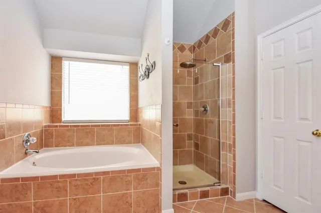 a bathroom with a shower and a bathtub