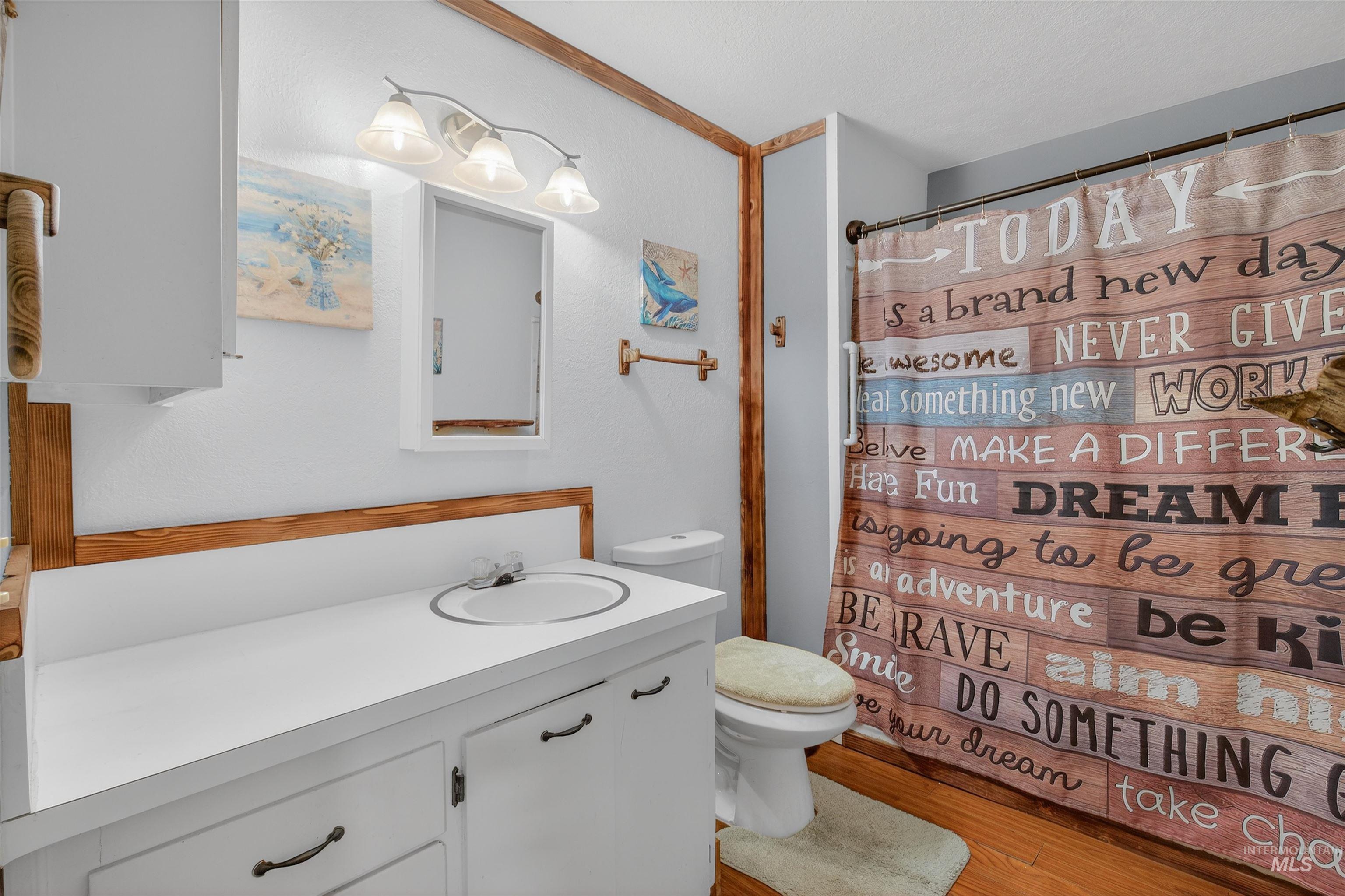 307 Esther Street Kooskia, ID 83539 - Photo 15 of 37 Bathroom featuring a shower with curtain, vanity, and light wood finished floors