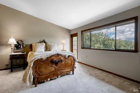a bedroom with a bed and a painting on the wall
