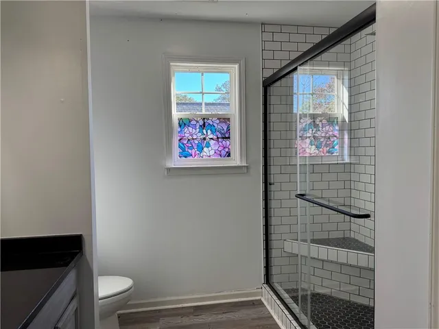 a bathroom with a toilet and a shower