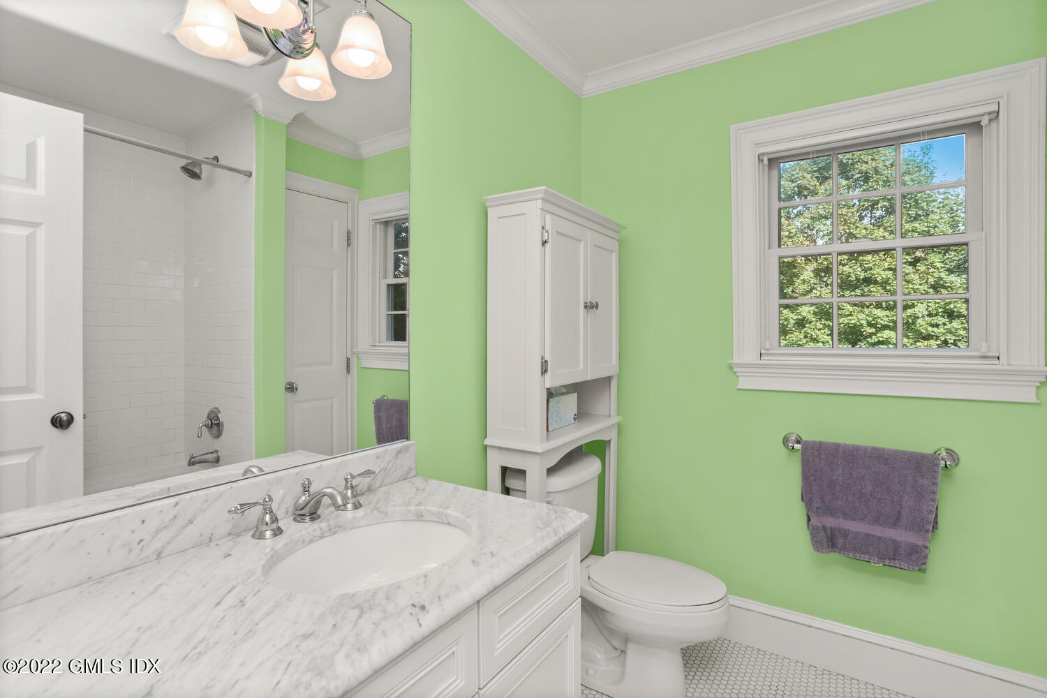 9 Robin Place Old Greenwich, CT 06870 - Photo 34 of 51 a bathroom with a granite countertop toilet a sink and a mirror