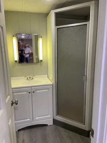 a bathroom with a sink and a mirror