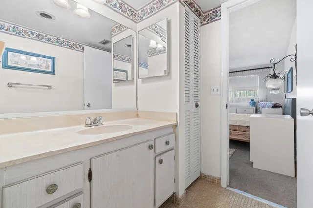 a bathroom with a sink double vanity and a mirror