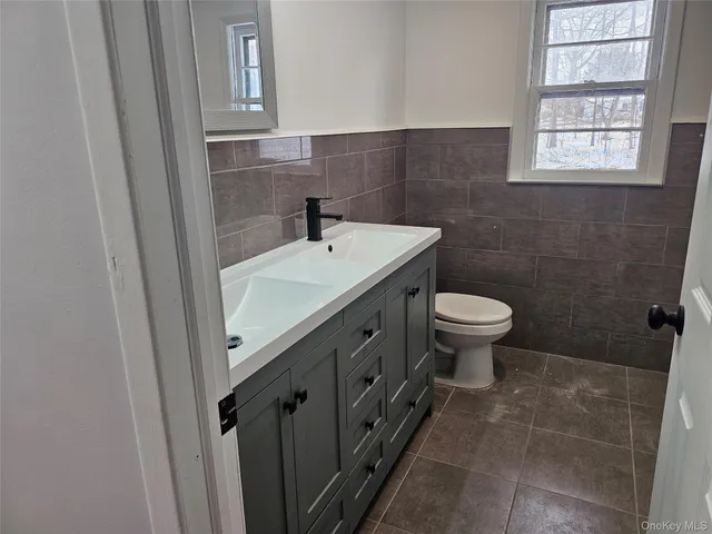 a bathroom with a sink a toilet and a mirror