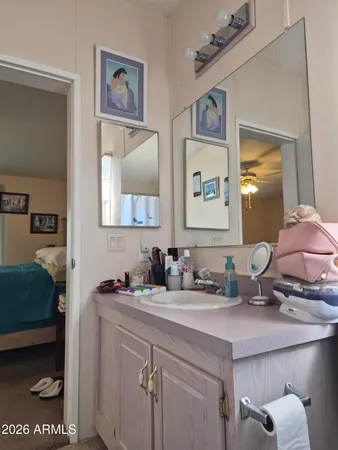 a bathroom with a sink and a mirror