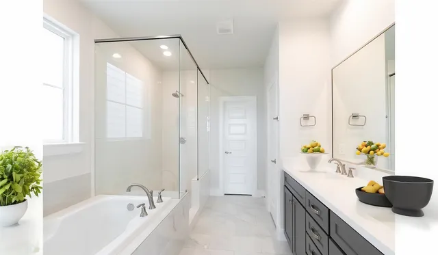 a bathroom with a tub sink and mirror