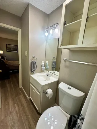a bathroom with a sink a toilet and mirror