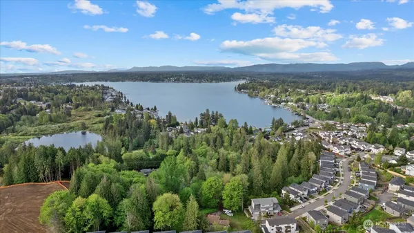 a view of a lake with a city