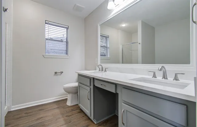 a bathroom with a granite countertop sink a toilet and a mirror