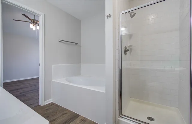 a bathroom with a bathtub and a shower