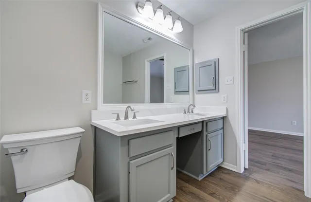 a bathroom with a toilet sink and mirror
